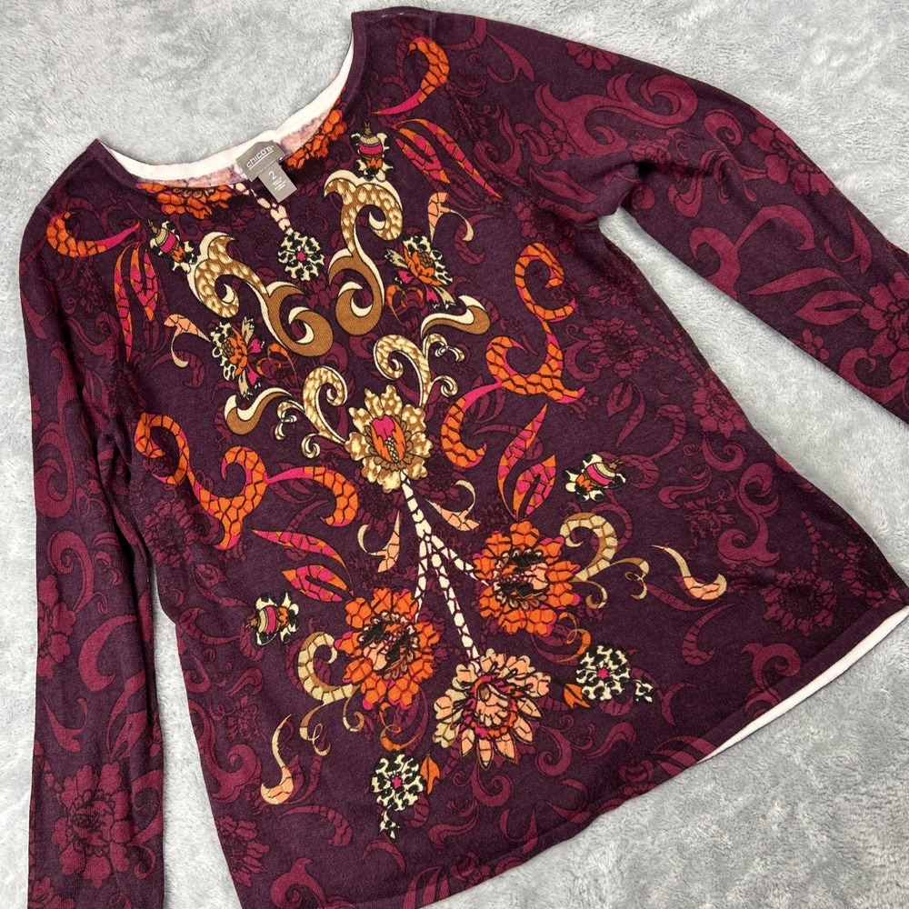 Chicos‎ Sweater Womens 2 US Medium Cashmere Blend Floral Ultra Fine Knit Boho
